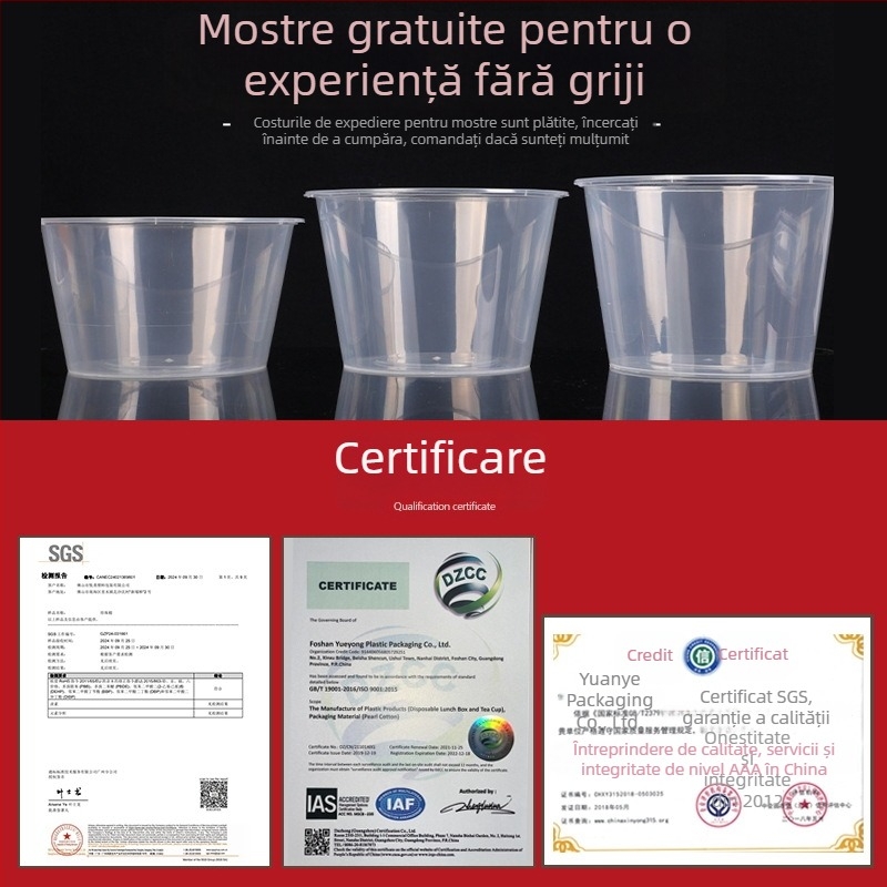 Vas din plastic, o singură utilizare, cu capac, 300–1000 ml, calitate alimentară, pentru comenzi la pachet și prânz.