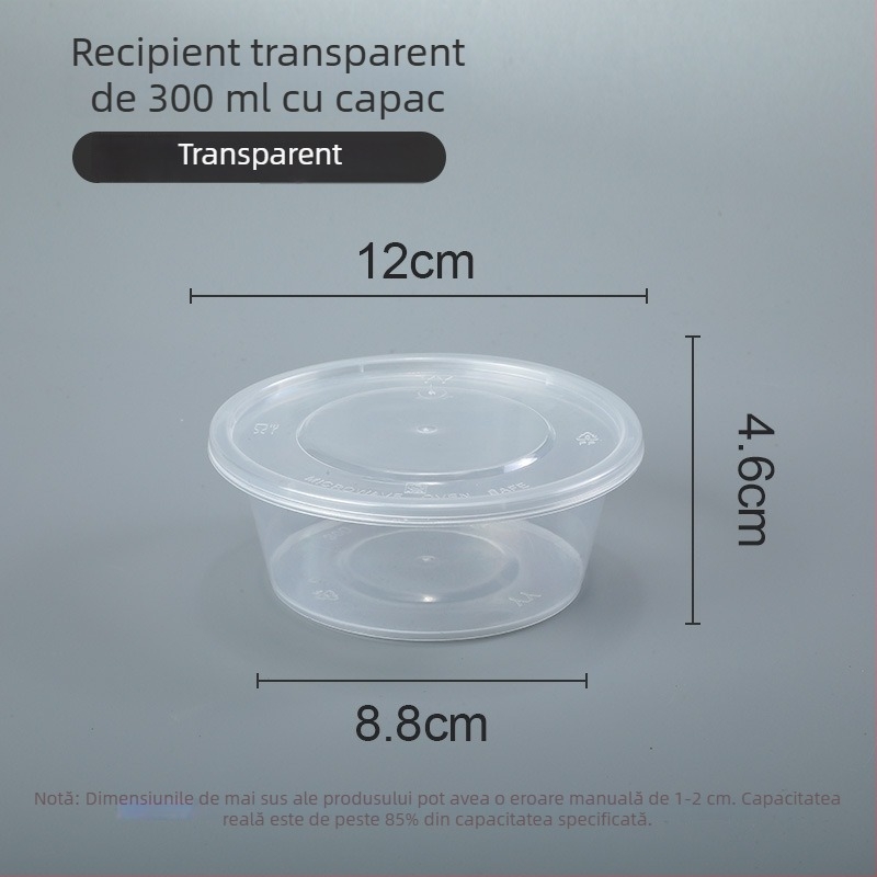 Vas din plastic, o singură utilizare, cu capac, 300–1000 ml, calitate alimentară, pentru comenzi la pachet și prânz.