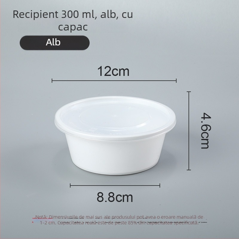 Vas din plastic, o singură utilizare, cu capac, 300–1000 ml, calitate alimentară, pentru comenzi la pachet și prânz.