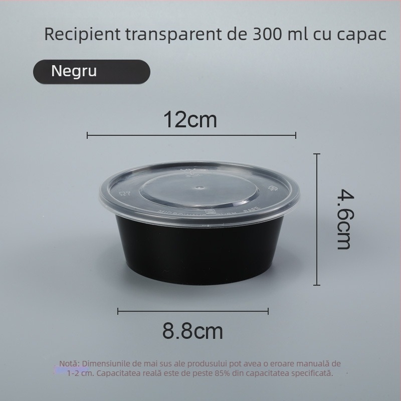 Vas din plastic, o singură utilizare, cu capac, 300–1000 ml, calitate alimentară, pentru comenzi la pachet și prânz.