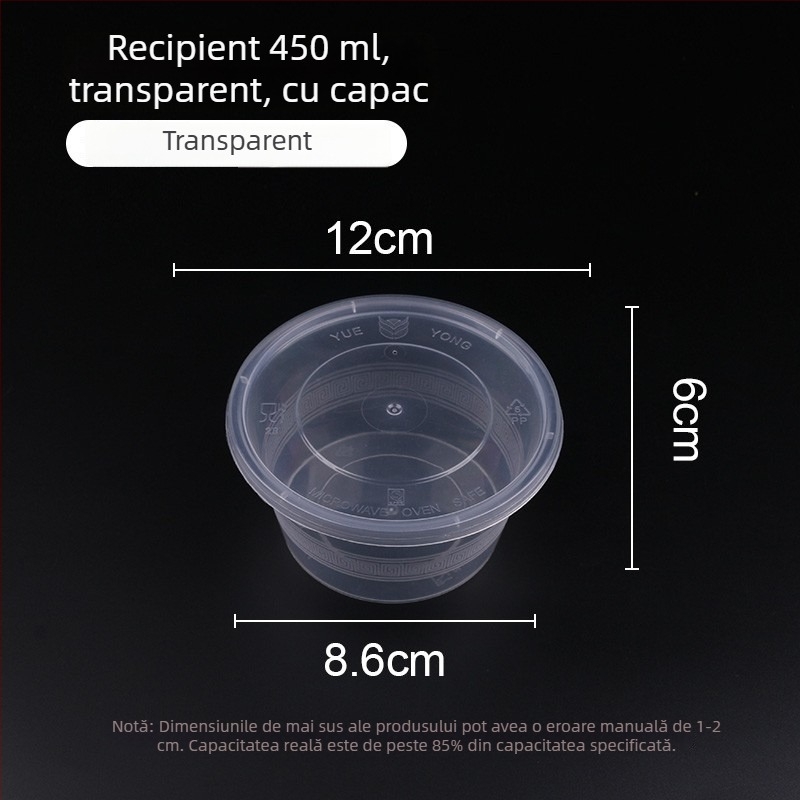 Vas din plastic, o singură utilizare, cu capac, 300–1000 ml, calitate alimentară, pentru comenzi la pachet și prânz.