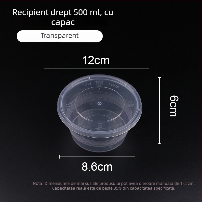 Vas din plastic, o singură utilizare, cu capac, 300–1000 ml, calitate alimentară, pentru comenzi la pachet și prânz.