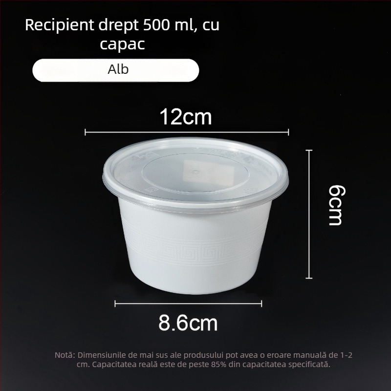 Vas din plastic, o singură utilizare, cu capac, 300–1000 ml, calitate alimentară, pentru comenzi la pachet și prânz.