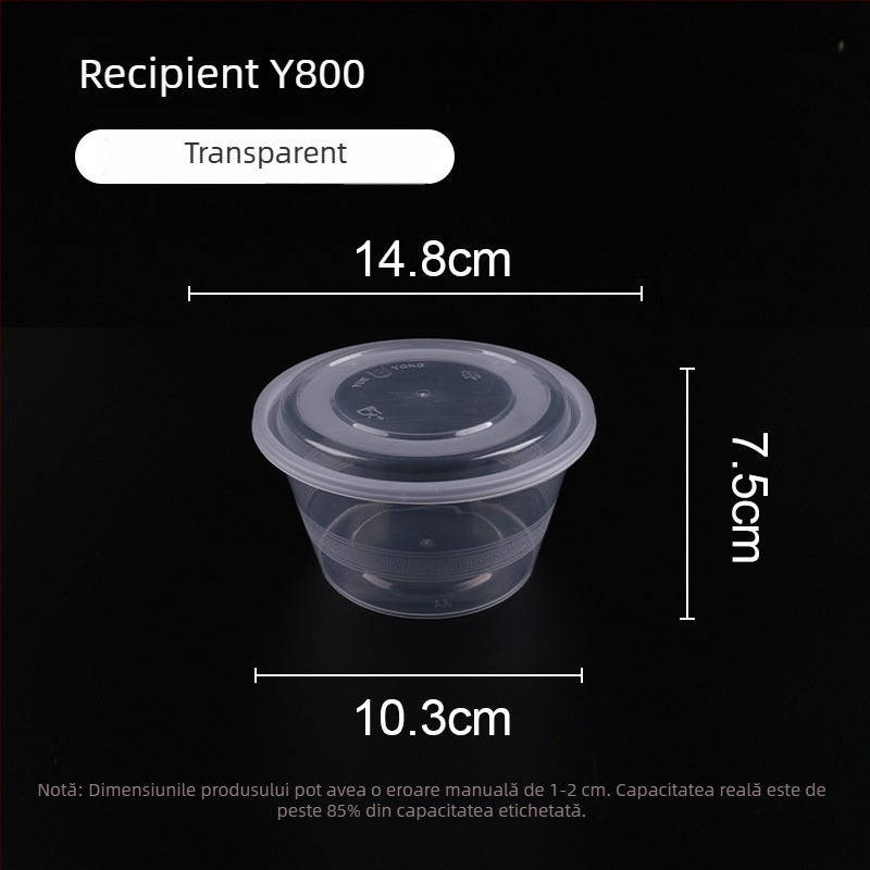 Vas din plastic, o singură utilizare, cu capac, 300–1000 ml, calitate alimentară, pentru comenzi la pachet și prânz.