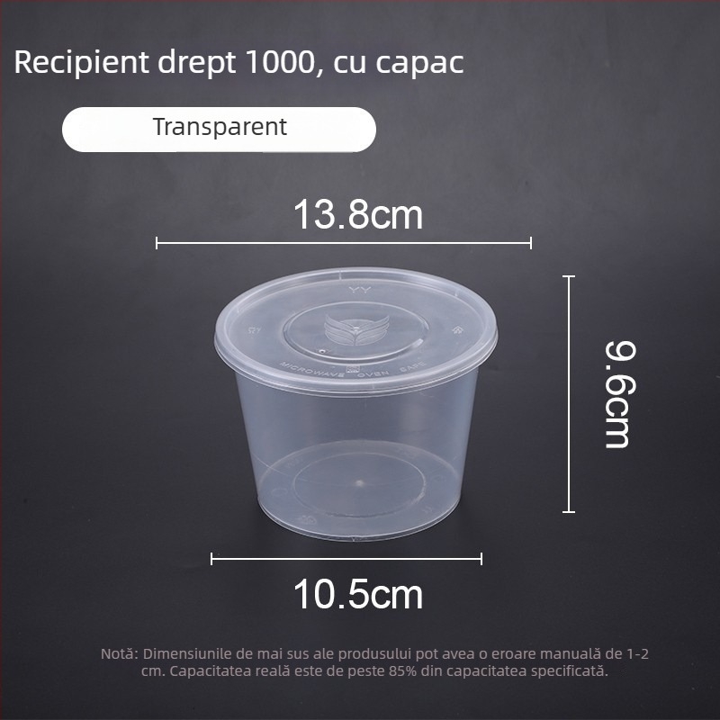 Vas din plastic, o singură utilizare, cu capac, 300–1000 ml, calitate alimentară, pentru comenzi la pachet și prânz.
