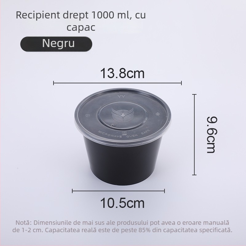 Vas din plastic, o singură utilizare, cu capac, 300–1000 ml, calitate alimentară, pentru comenzi la pachet și prânz.