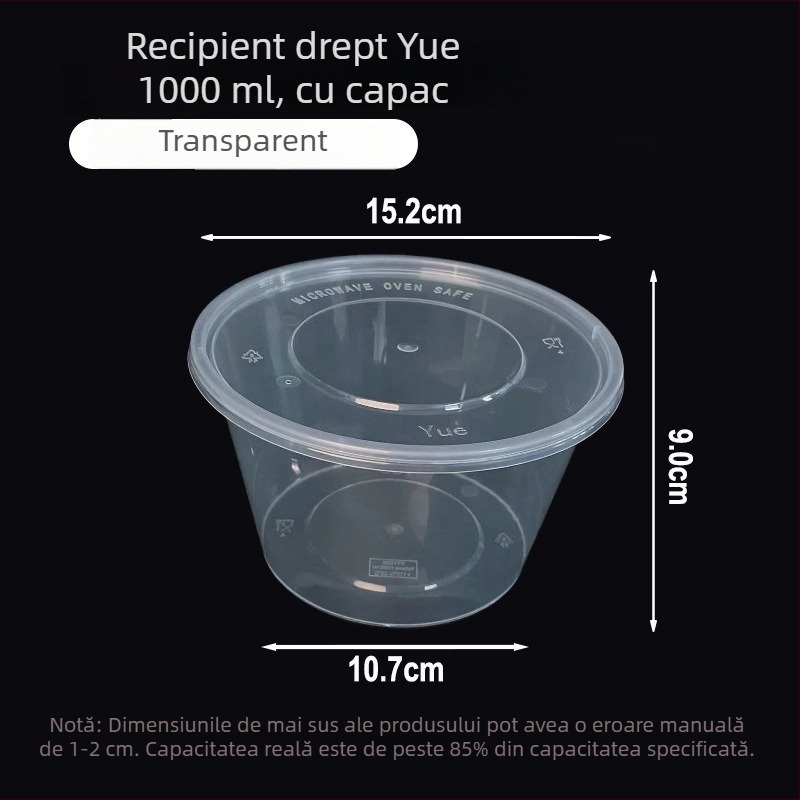 Vas din plastic, o singură utilizare, cu capac, 300–1000 ml, calitate alimentară, pentru comenzi la pachet și prânz.