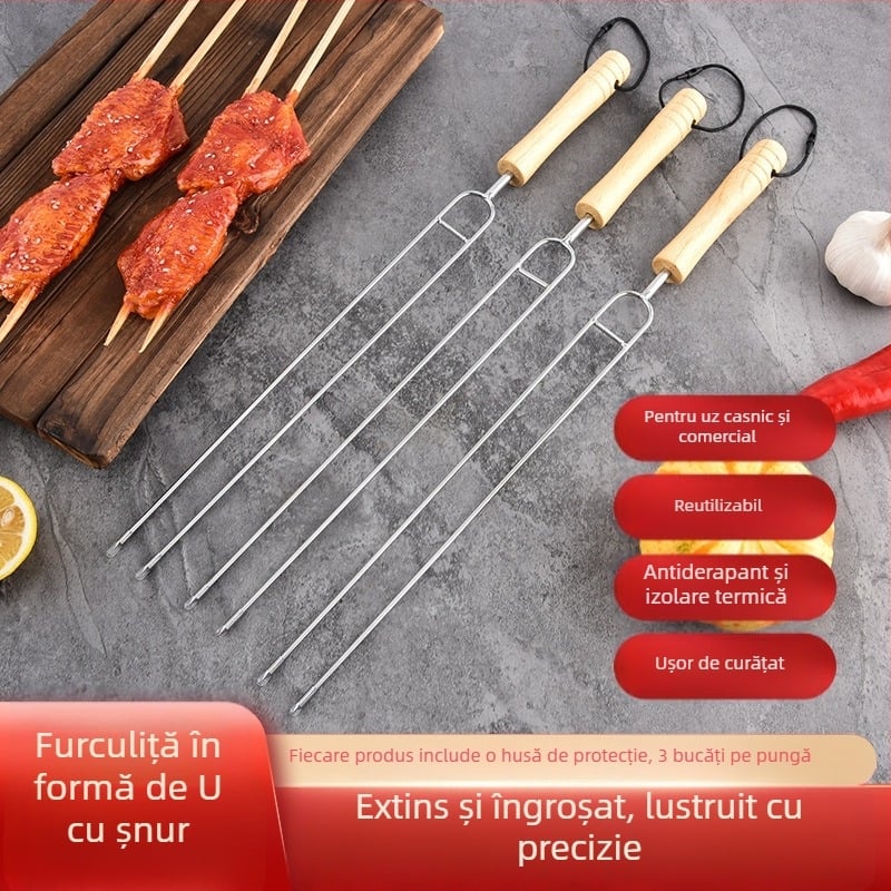 Furculiță de grătar din oțel inoxidabil, formă în U, pentru aripioare de pui, ustensile de camping pentru grătar, mâner anti-arși