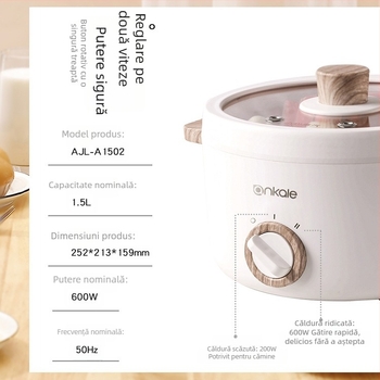 Ankale 1502 Oală electrică cu abur, vas ceramic antiaderent, 2 L, compactă pentru 1–2 persoane