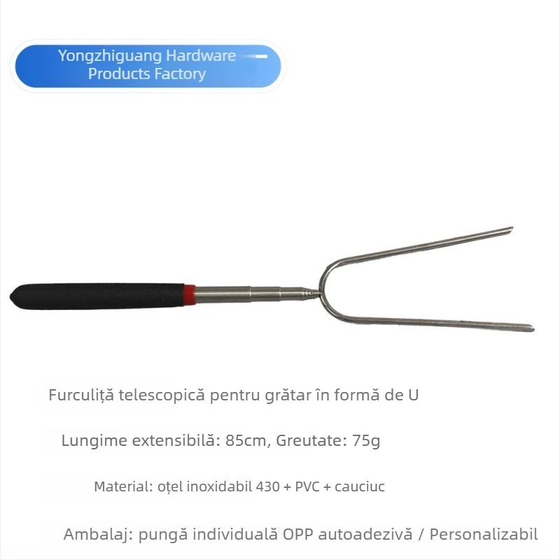 Furculă de grătar telescopic din oțel inoxidabil, cu formă în U, pentru cârnați, pulpe de pui și marshmallow