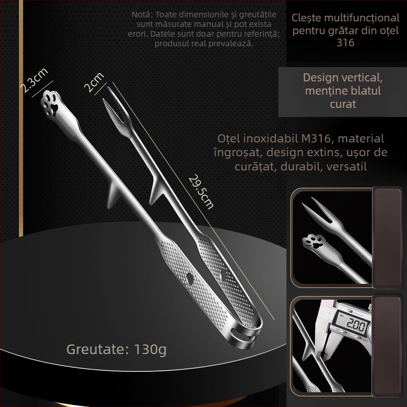 Clip de grătar din oțel inoxidabil 316L, vertical, cu furculiță integrată — prelungit, anti-alunecare, drenaj ulei, clip pentru steak