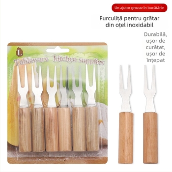 Furculiță de grătar din oțel inoxidabil cu mâner din lemn, pentru frigărui, porumb, pulpe și aripioare de pui; furculiță fondue cu brânză