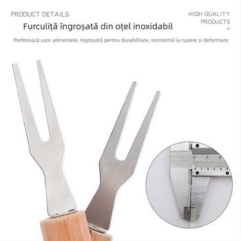 Furculiță de grătar din oțel inoxidabil cu mâner din lemn, pentru frigărui, porumb, pulpe și aripioare de pui; furculiță fondue cu brânză