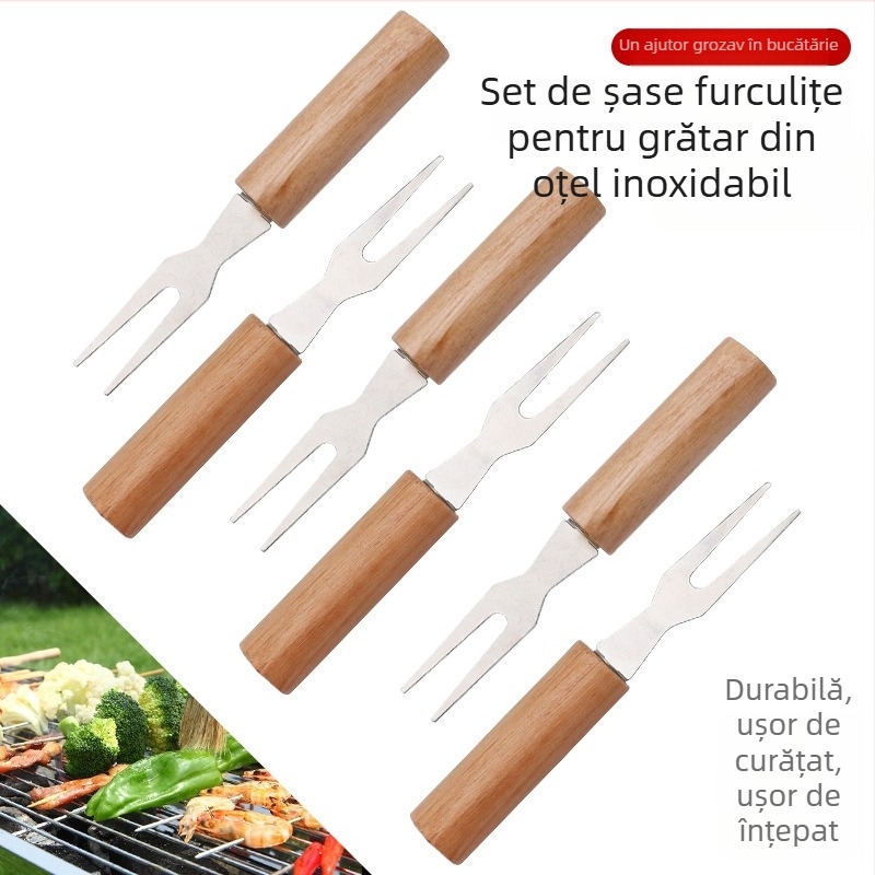 Furculiță de grătar din oțel inoxidabil cu mâner din lemn, pentru frigărui, porumb, pulpe și aripioare de pui; furculiță fondue cu brânză