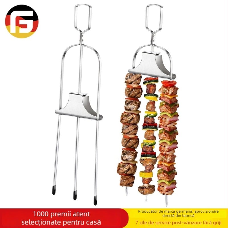 Furculiță de grătar din oțel inoxidabil, cu trei dinți, pentru exterior – frigere pentru carne, aripioare de pui și legume, camping