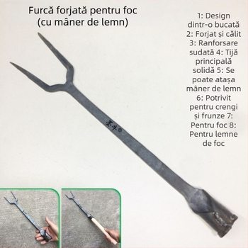 Furculiță de foc forjată, cu mâner din lemn și clește pentru foc