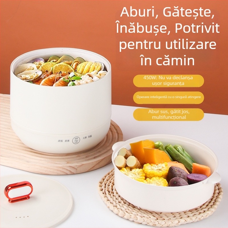 Mini oală electrică pentru orez cu vas interior ceramic emailat, 2 L, multifuncțional antiaderent, 450 W, pentru casă și cămin