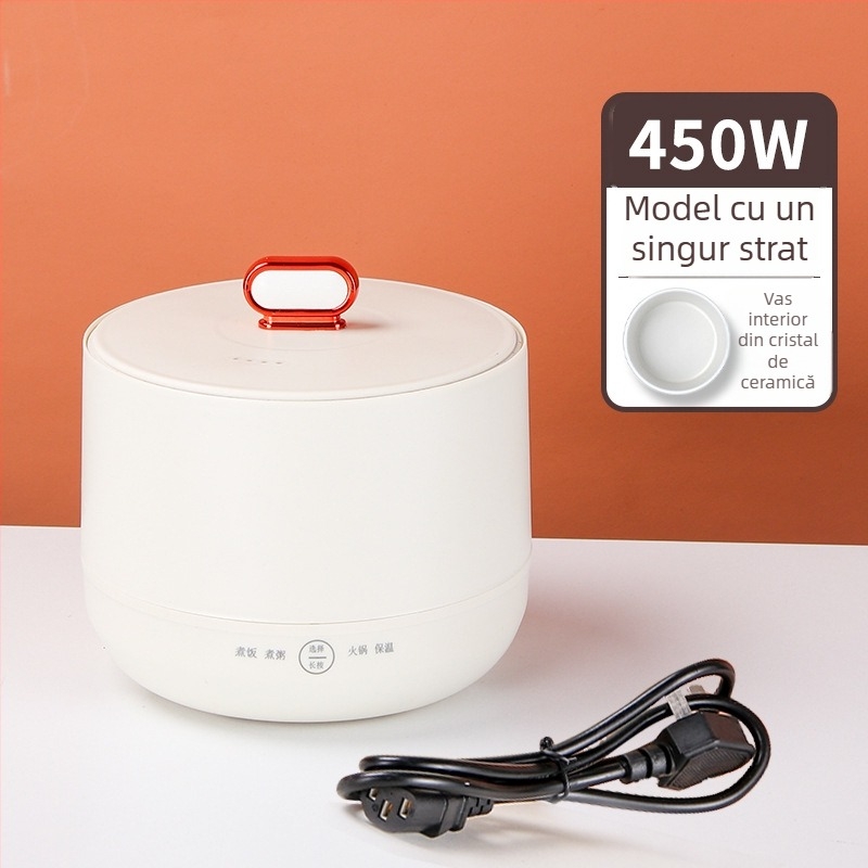 Mini oală electrică pentru orez cu vas interior ceramic emailat, 2 L, multifuncțional antiaderent, 450 W, pentru casă și cămin