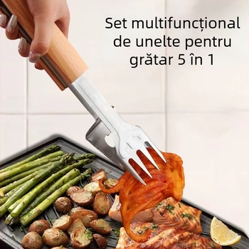 Instrument multifuncțional cinci în unu pentru exterior și uz casnic, din oțel inoxidabil 430, clește pentru alimente, furculiță, spatulă, clește pentru carne, deschizător de sticle și tăietor de friptură