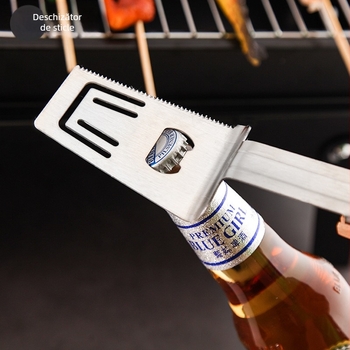 Instrument multifuncțional cinci în unu pentru exterior și uz casnic, din oțel inoxidabil 430, clește pentru alimente, furculiță, spatulă, clește pentru carne, deschizător de sticle și tăietor de friptură