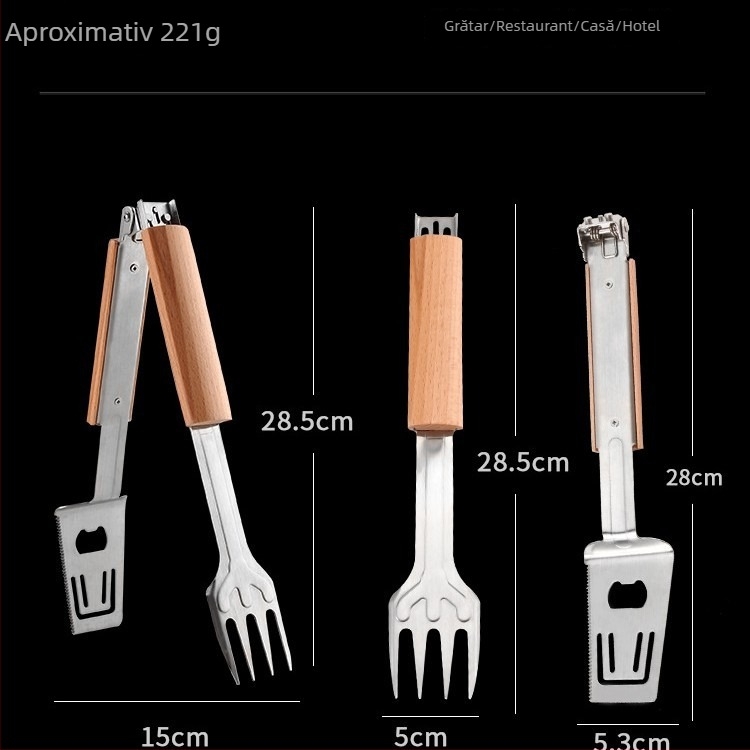 Instrument multifuncțional cinci în unu pentru exterior și uz casnic, din oțel inoxidabil 430, clește pentru alimente, furculiță, spatulă, clește pentru carne, deschizător de sticle și tăietor de friptură