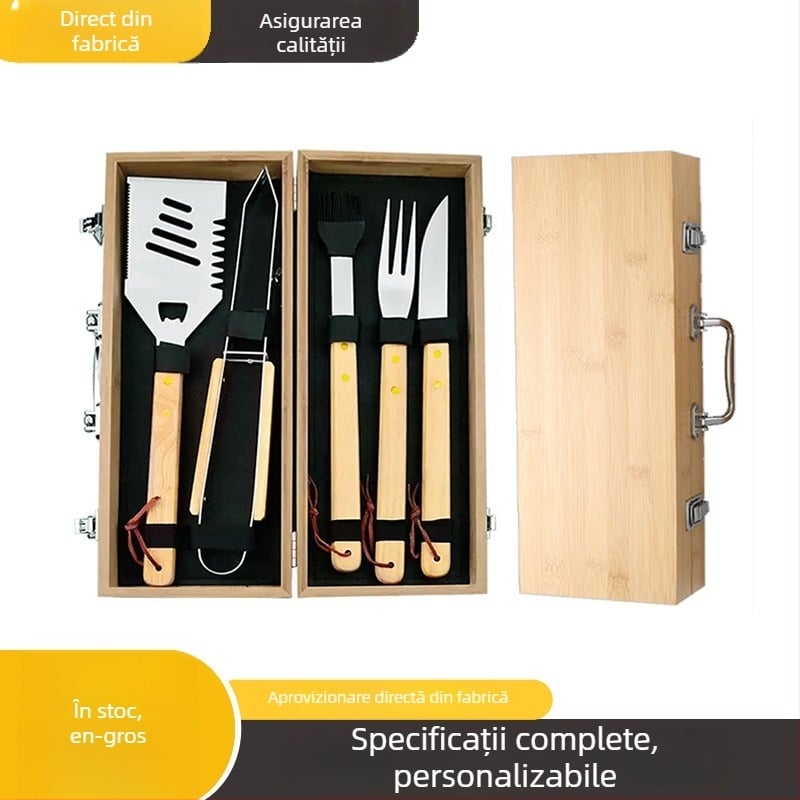 Set de 5 ustensile pentru grătar din oțel inox cu mâner din lemn, protecție împotriva arsurilor, pentru camping în aer liber și mese în familie
