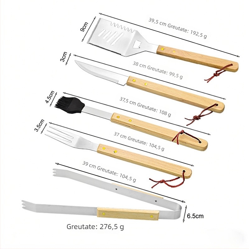 Set de 5 ustensile pentru grătar din oțel inox cu mâner din lemn, protecție împotriva arsurilor, pentru camping în aer liber și mese în familie