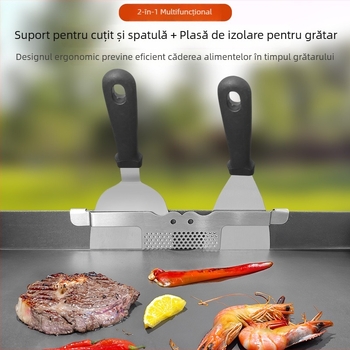 Suport pentru cuțite și furci la grătar din oțel inoxidabil 430, cu plasă separator pentru grătar și cuțit-spatula 2 în 1