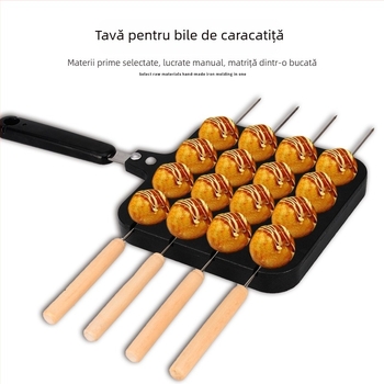 Tigaie Takoyaki pe gaz pentru uz casnic – suprafață antiaderentă, formă pentru ouă de prepeliță, furculiță inclusă