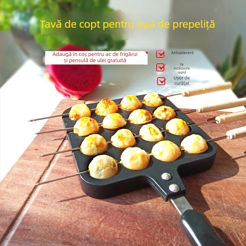 Tigaie Takoyaki pe gaz pentru uz casnic – suprafață antiaderentă, formă pentru ouă de prepeliță, furculiță inclusă