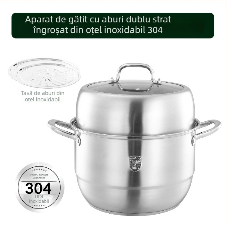 Abur din oțel inoxidabil 304, 3 niveluri cu fund dublu, vas de gătit la abur pentru uz casnic, cu grătar de abur și vas pentru pește