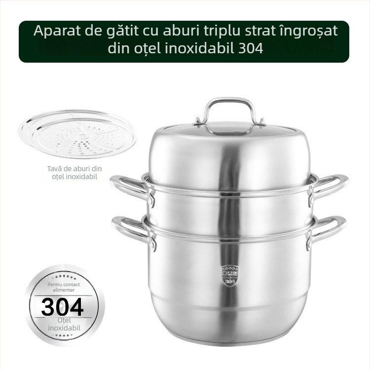 Abur din oțel inoxidabil 304, 3 niveluri cu fund dublu, vas de gătit la abur pentru uz casnic, cu grătar de abur și vas pentru pește