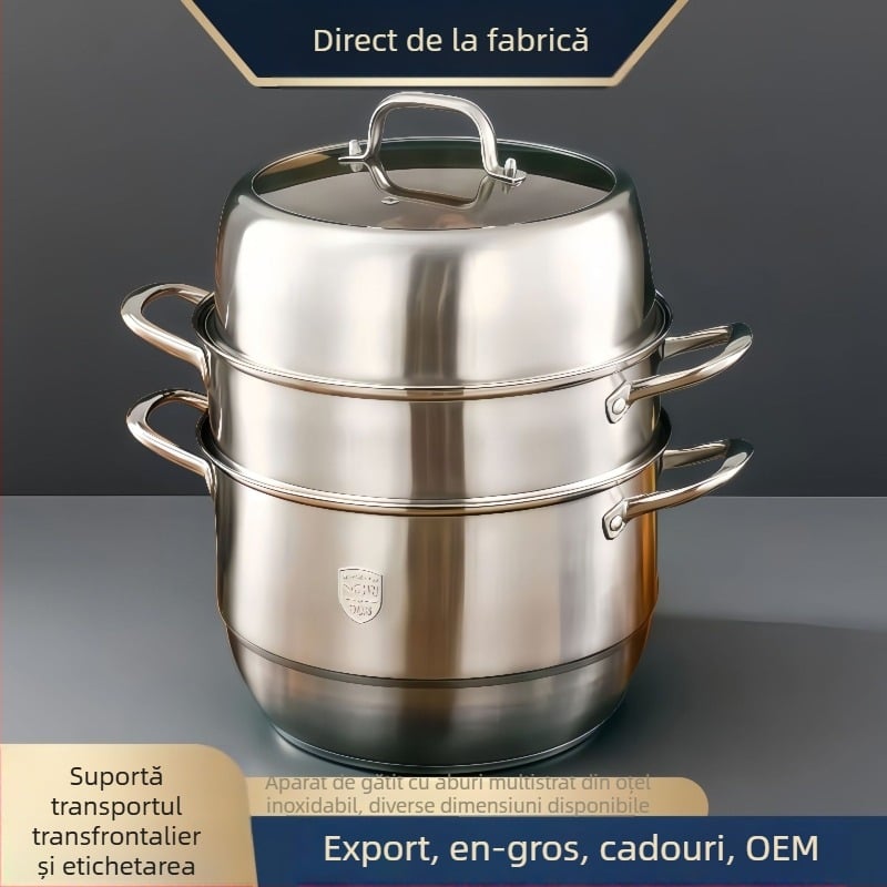 Abur din oțel inoxidabil 304, 3 niveluri cu fund dublu, vas de gătit la abur pentru uz casnic, cu grătar de abur și vas pentru pește