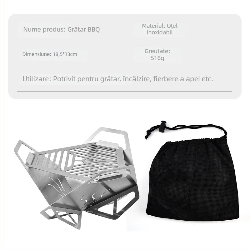 Grătar de exterior portabil, formă de lotus triunghiular, din oțel inoxidabil, grill mini detașabil în formă de card