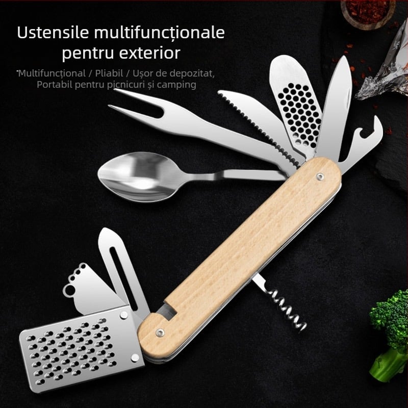 Set de tacâmuri din oțel inoxidabil, pliabil – cuțit, furculiță și lingură, pentru picnic, camping și călătorii