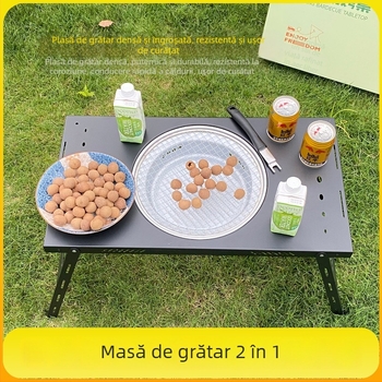 Masă pliabilă de grătar cu grill din fontă, arcuită, pentru camping în aer liber și prepararea ceaiului, multifuncțional