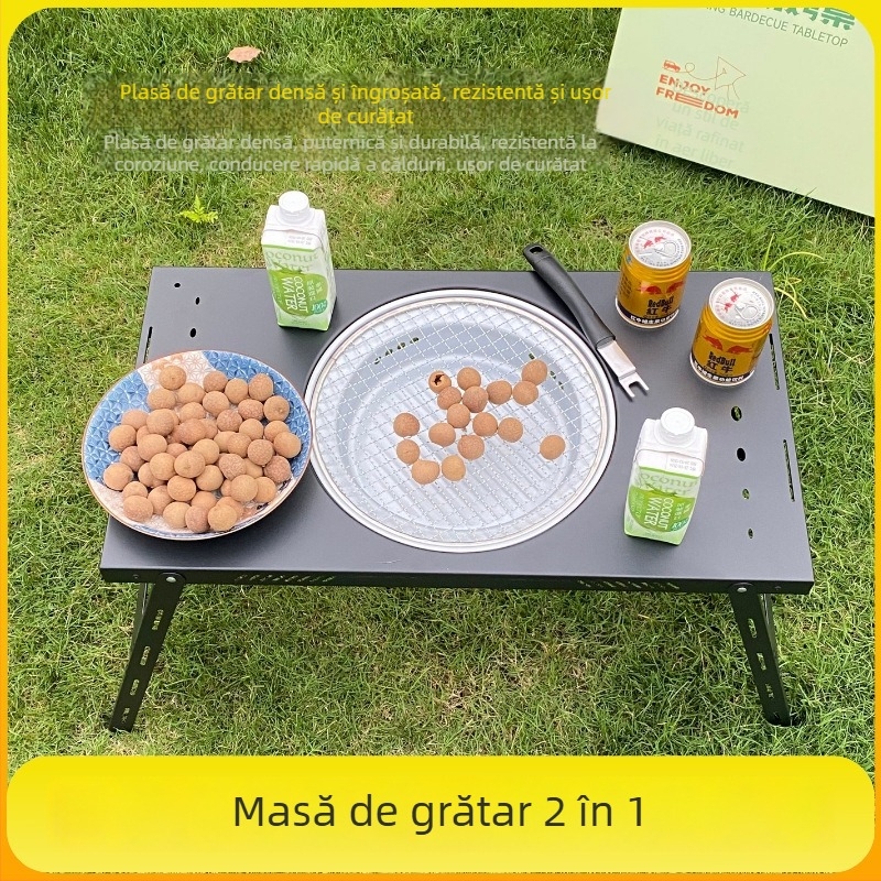 Masă pliabilă de grătar cu grill din fontă, arcuită, pentru camping în aer liber și prepararea ceaiului, multifuncțional