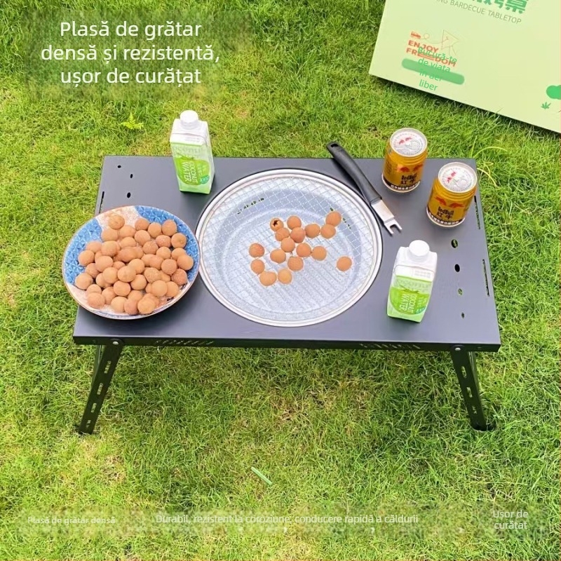 Masă pliabilă de grătar cu grill din fontă, arcuită, pentru camping în aer liber și prepararea ceaiului, multifuncțional