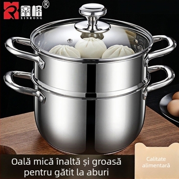 Vas de abur mic din oțel inoxidabil, cu două niveluri, pentru supe, tăiței și pește, uz casnic