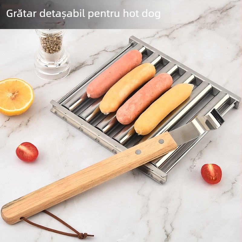 Gril manual din oțel inoxidabil pentru cârnați, exterior portabil, suport detașabil pentru cârnați