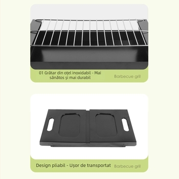 Grătar cu cărbuni pliabil, fără fum, exterior, formă pătrată, din fier, portabil