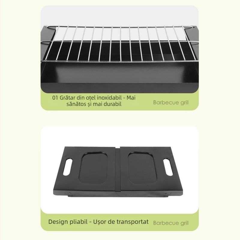 Grătar cu cărbuni pliabil, fără fum, exterior, formă pătrată, din fier, portabil