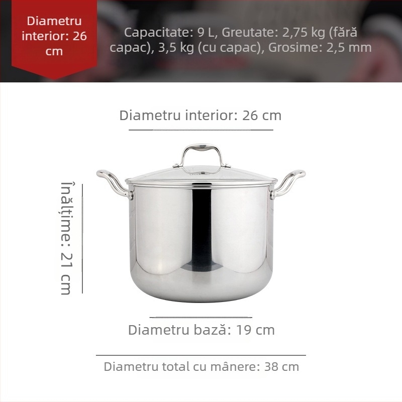 Chockmen Zhuo Deming 18/10 Oțel inoxidabil – oală pentru supă, adâncă, capacitate mare, capac din sticlă