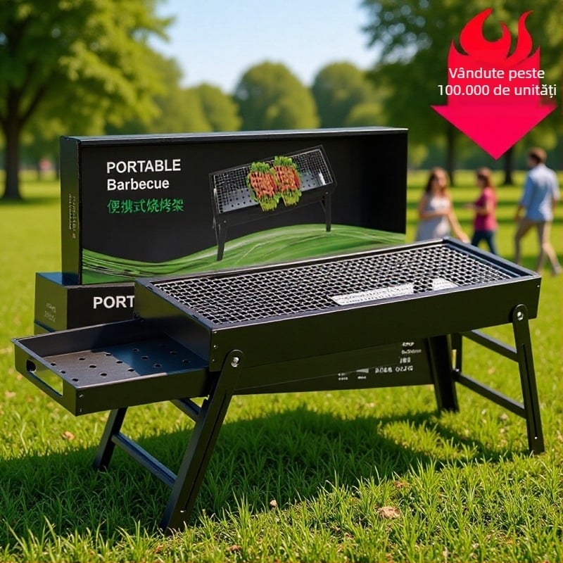 Grill mare cu cărbuni, portabil și pliabil pentru camping în aer liber, din oțel inoxidabil