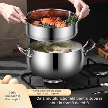 Vas de aburi din oțel inoxidabil, cu două niveluri, capac din sticlă, pentru uz casnic