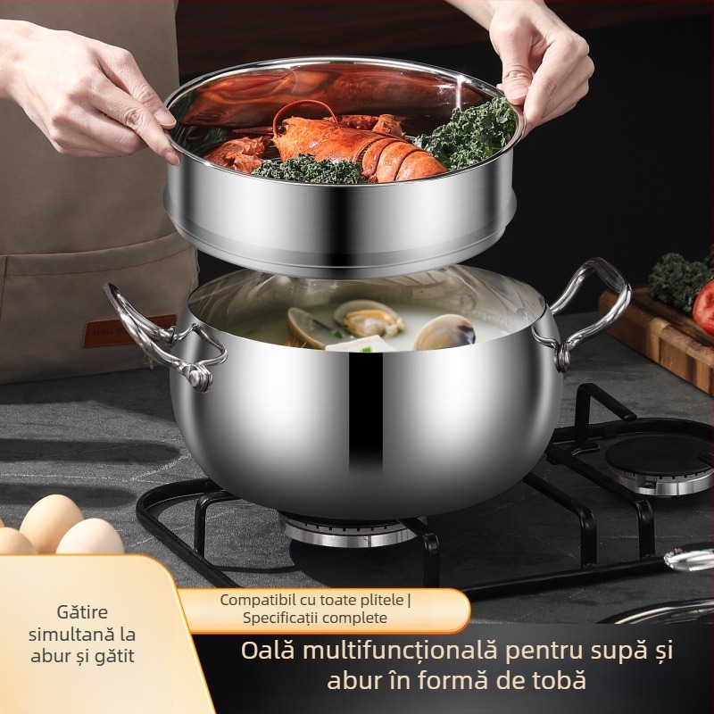 Vas de aburi din oțel inoxidabil, cu două niveluri, capac din sticlă, pentru uz casnic