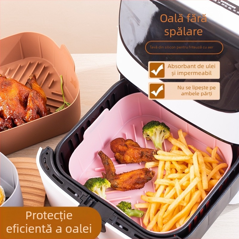 Tavă pătrată pentru air fryer cu vas din silicon și covoraș grill