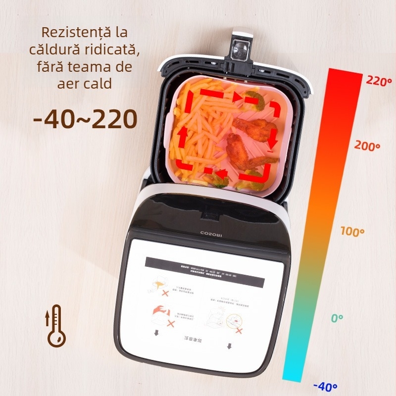 Tavă pătrată pentru air fryer cu vas din silicon și covoraș grill