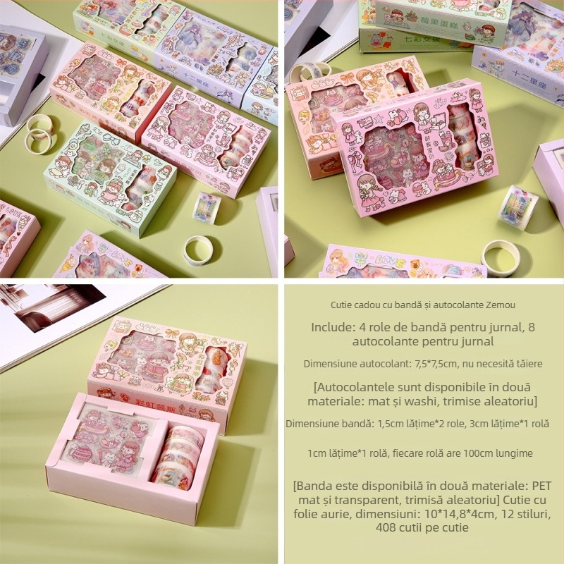 Set PET cu bandă și autocolante în cutie cadou pentru copii din învățământ primar – motive desene animate pentru decorarea agendei