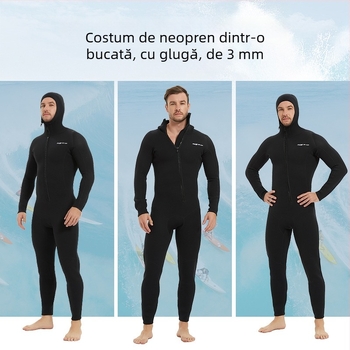 Costum de neopren întreg cu glugă de 3 mm, fermoar frontal înclinant, negru, pentru înot, scufundări libere și surfing